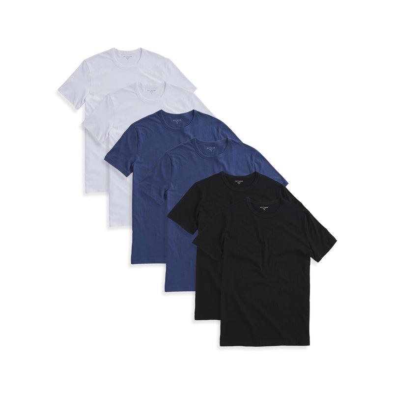  wearing 2 Black/2 White/2 Baltic Blue Classic Crew Driggs 6-Pack tees