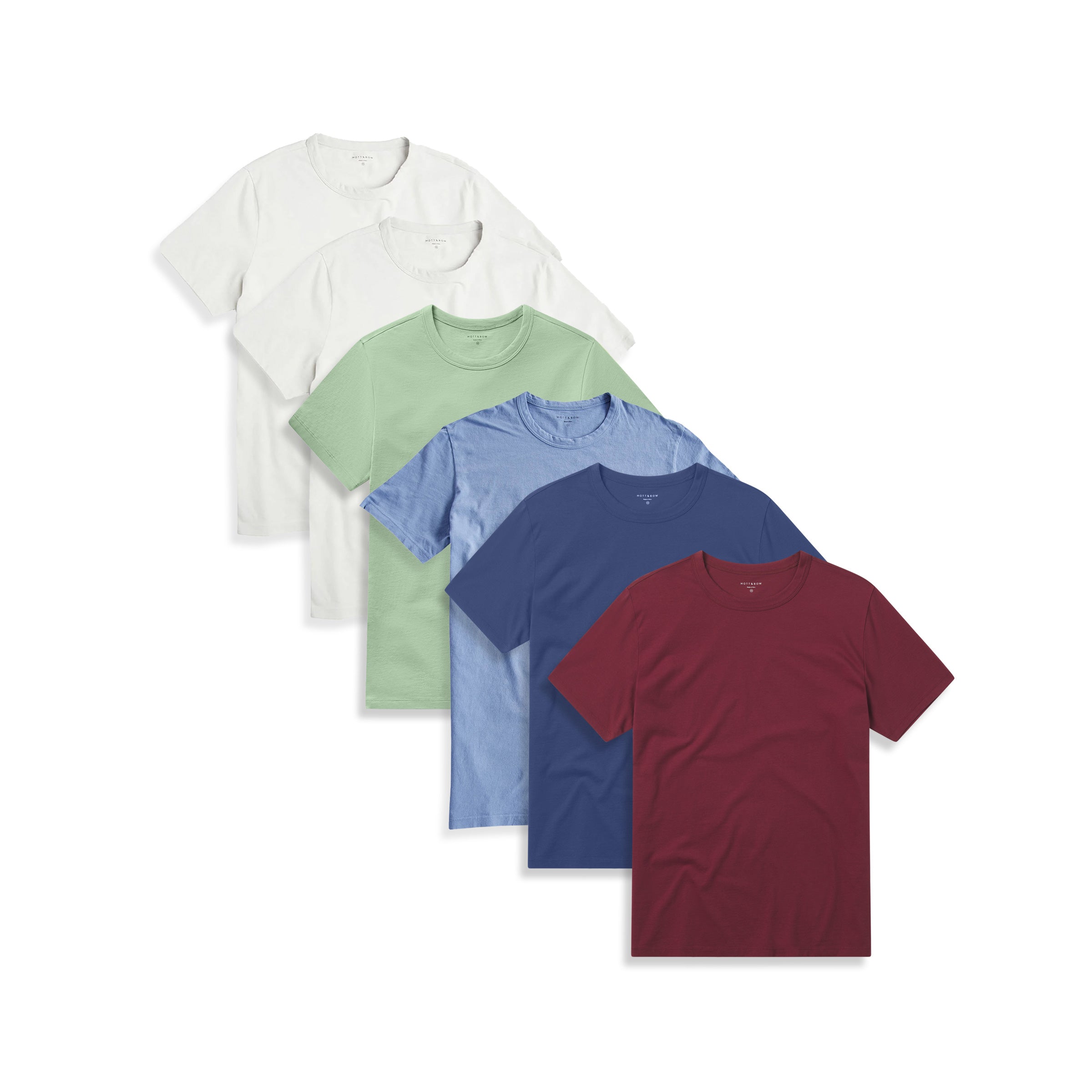  wearing Bone/Bone/California Blue/Pistachio/Brick Red/Graphite Blue Classic Crew Driggs 6-Pack tees