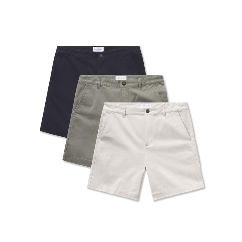 Men wearing Navy/Light Sage/Sand Stretch Chino Short 3-Pack shorts