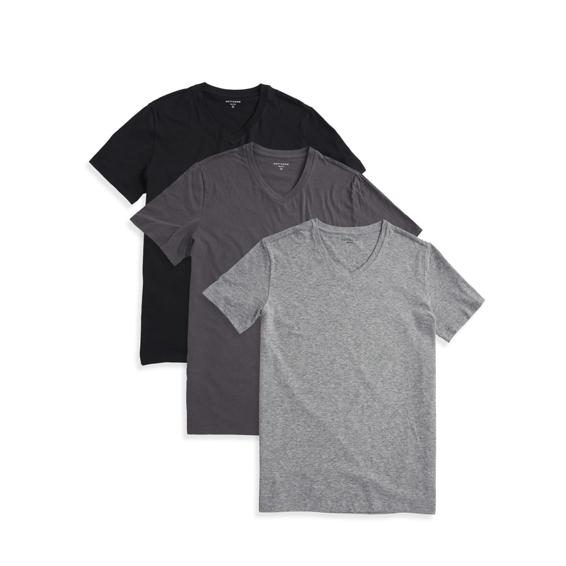  wearing Black/Dark Gray/Heather Gray Classic V-Neck Driggs 3-Pack tees