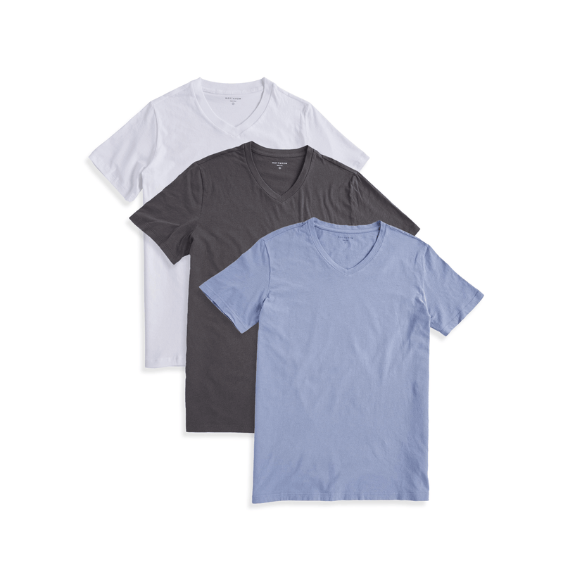  wearing White/Dark Gray/California Blue Classic V-Neck Driggs 3-Pack tees