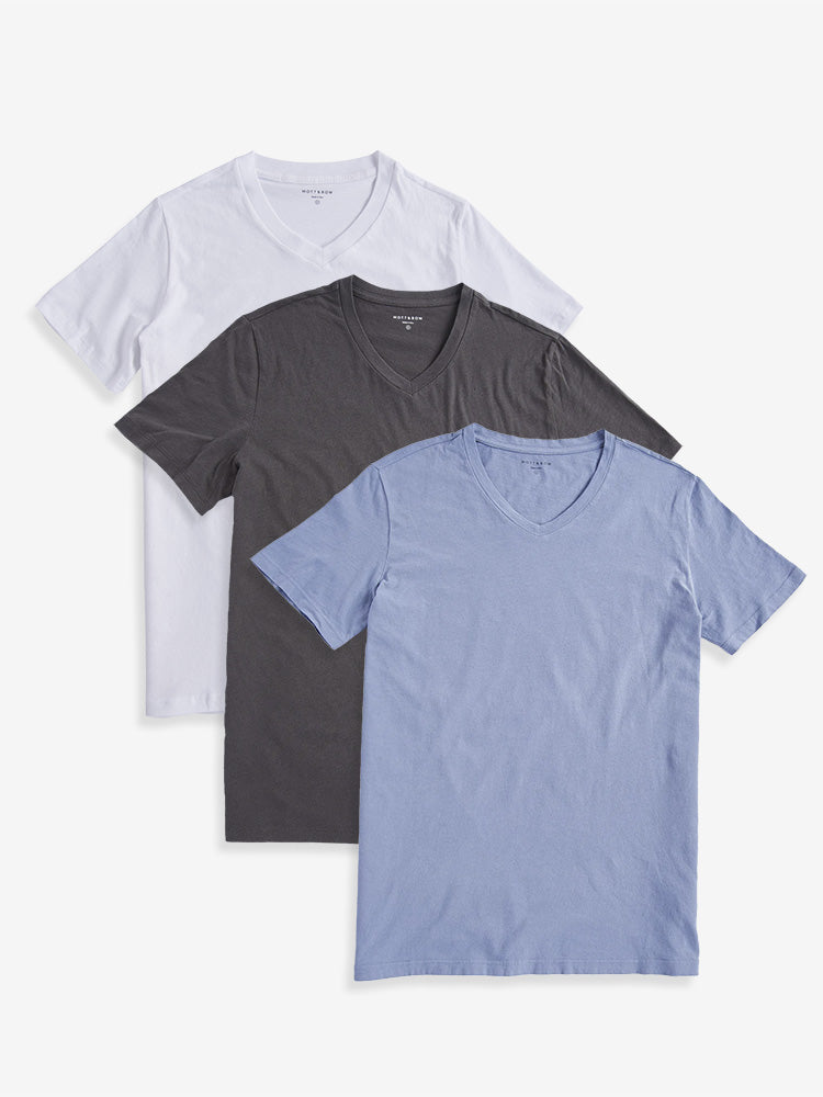  wearing White/Dark Gray/California Blue Classic V-Neck Driggs 3-Pack