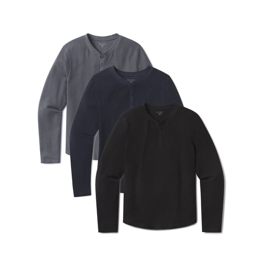 Cotton Waffle Curved Hem Henley 3-Pack Black/Blue Ink/Navy Henley tees