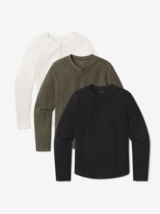 Cotton Waffle Curved Hem Henley 3-Pack Black/Bone/Dark Moss Henley tees