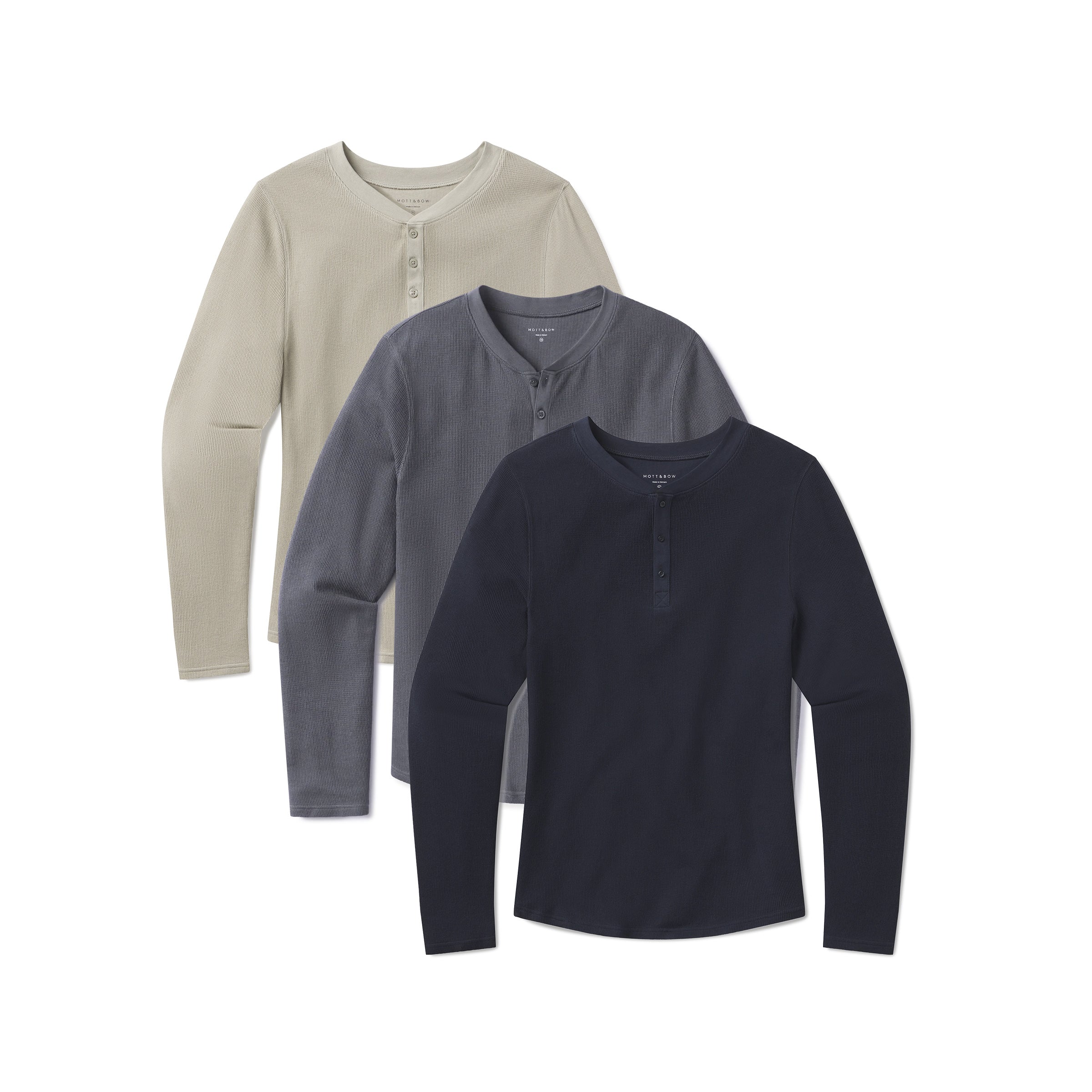 Men wearing Blue Ink/Navy/Taupe Cotton Waffle Curved Hem Henley 3-Pack tees
