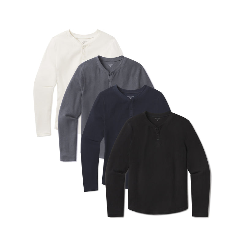 Men wearing Black/Blue Ink/Navy/Bone Cotton Waffle Curved Hem Henley 4-Pack tees