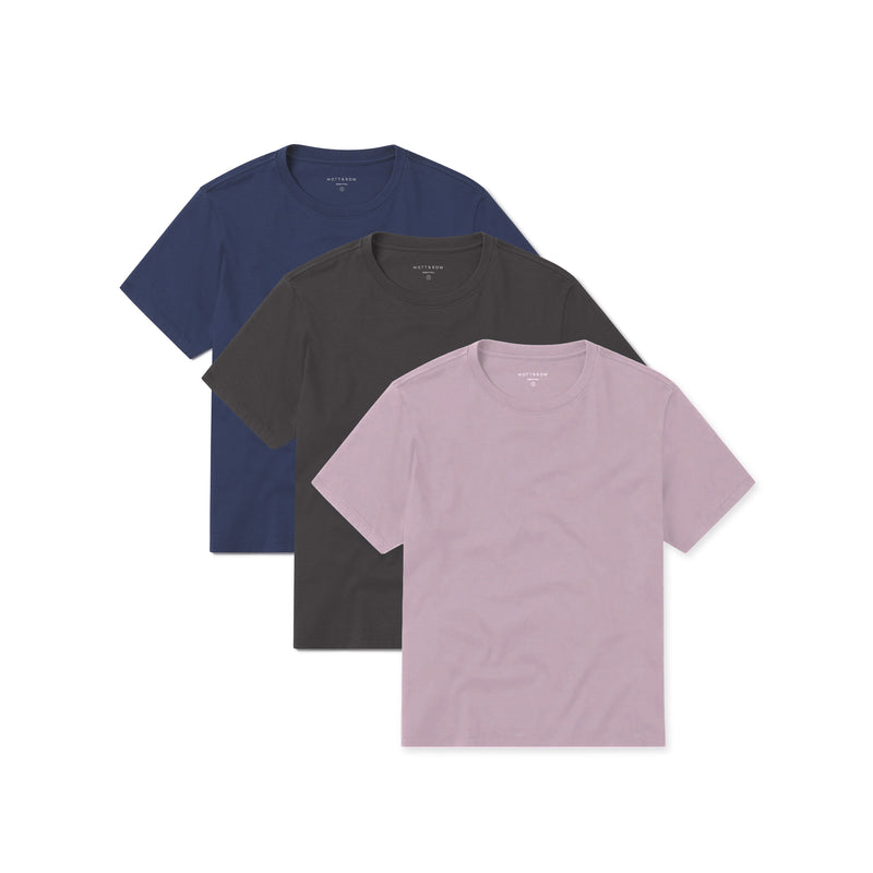 Women wearing Dark Gray/Venice Blue/Rose Pink Everyday Cotton Crew Tee 3-Pack tees