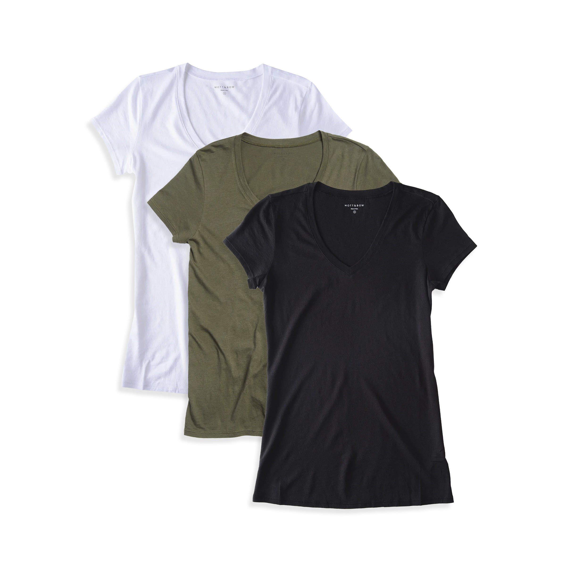 Women wearing Black/White/Military Green Fitted V-Neck Marcy 3-Pack tees