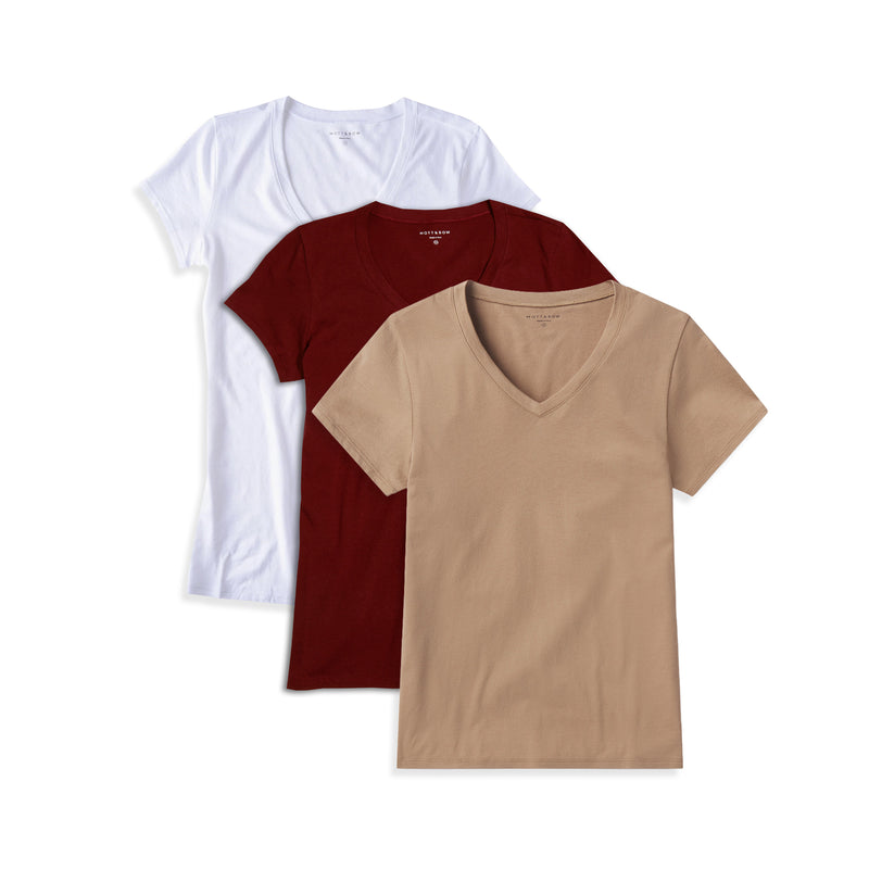 Women wearing Crimson/Sienna/White Fitted V-Neck Marcy 3-Pack tees