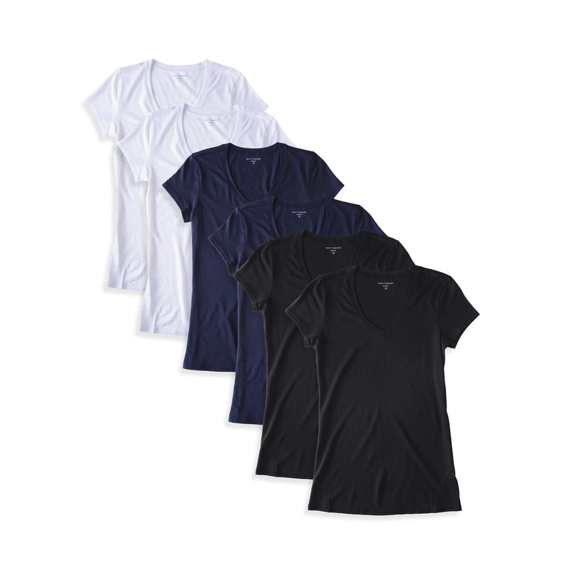 Women wearing Black/Navy/White Fitted V-Neck Marcy 6-Pack tees