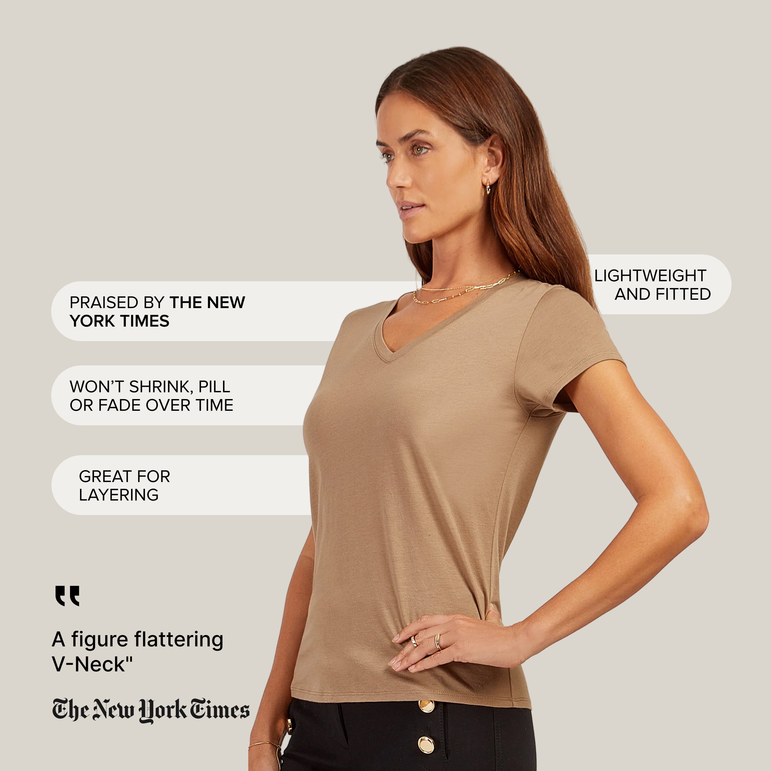 Women wearing Siena Fitted V-Neck Marcy Tee