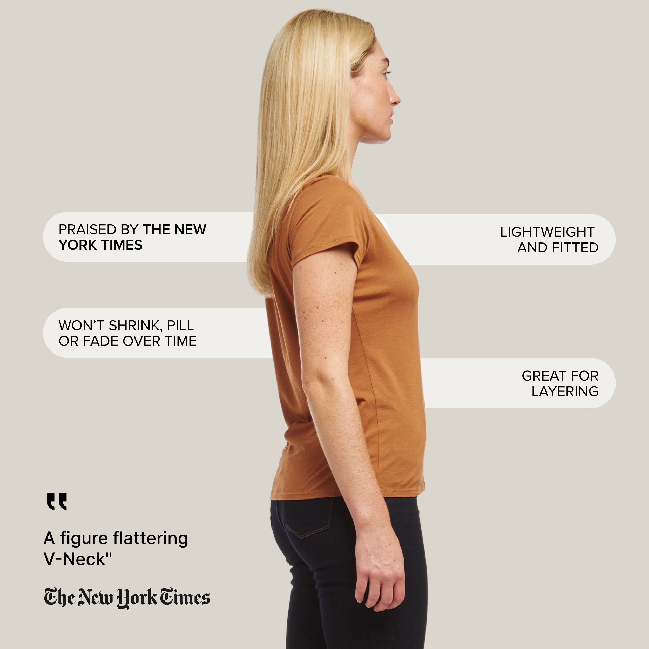 Women wearing Cardamomo Fitted V-Neck Marcy Tee