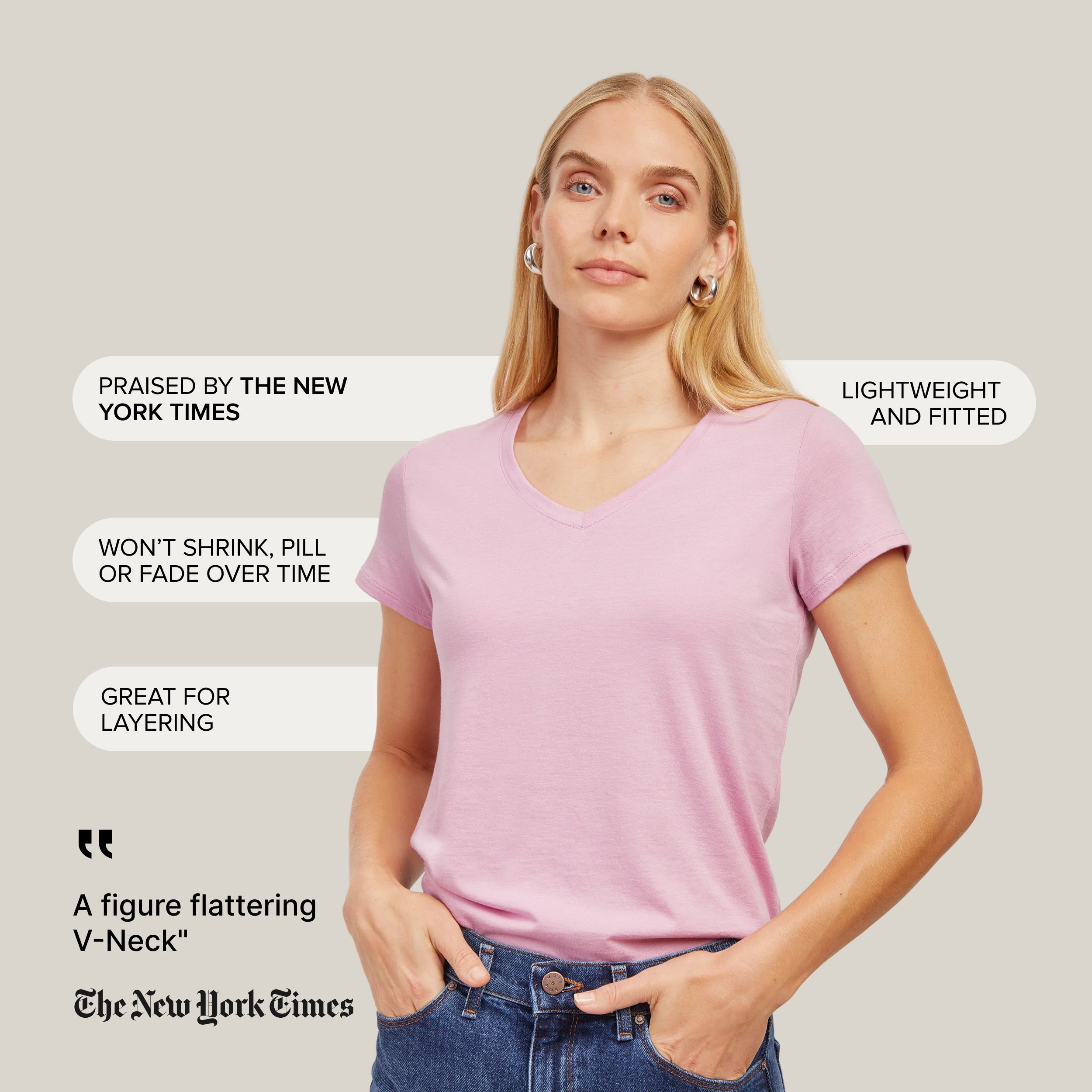 Women wearing Rose Pink Fitted V-Neck Marcy Tee