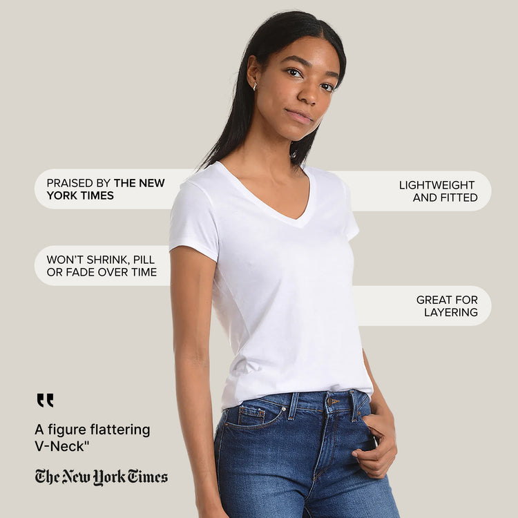 Women wearing Blanco Fitted V-Neck Marcy Tee