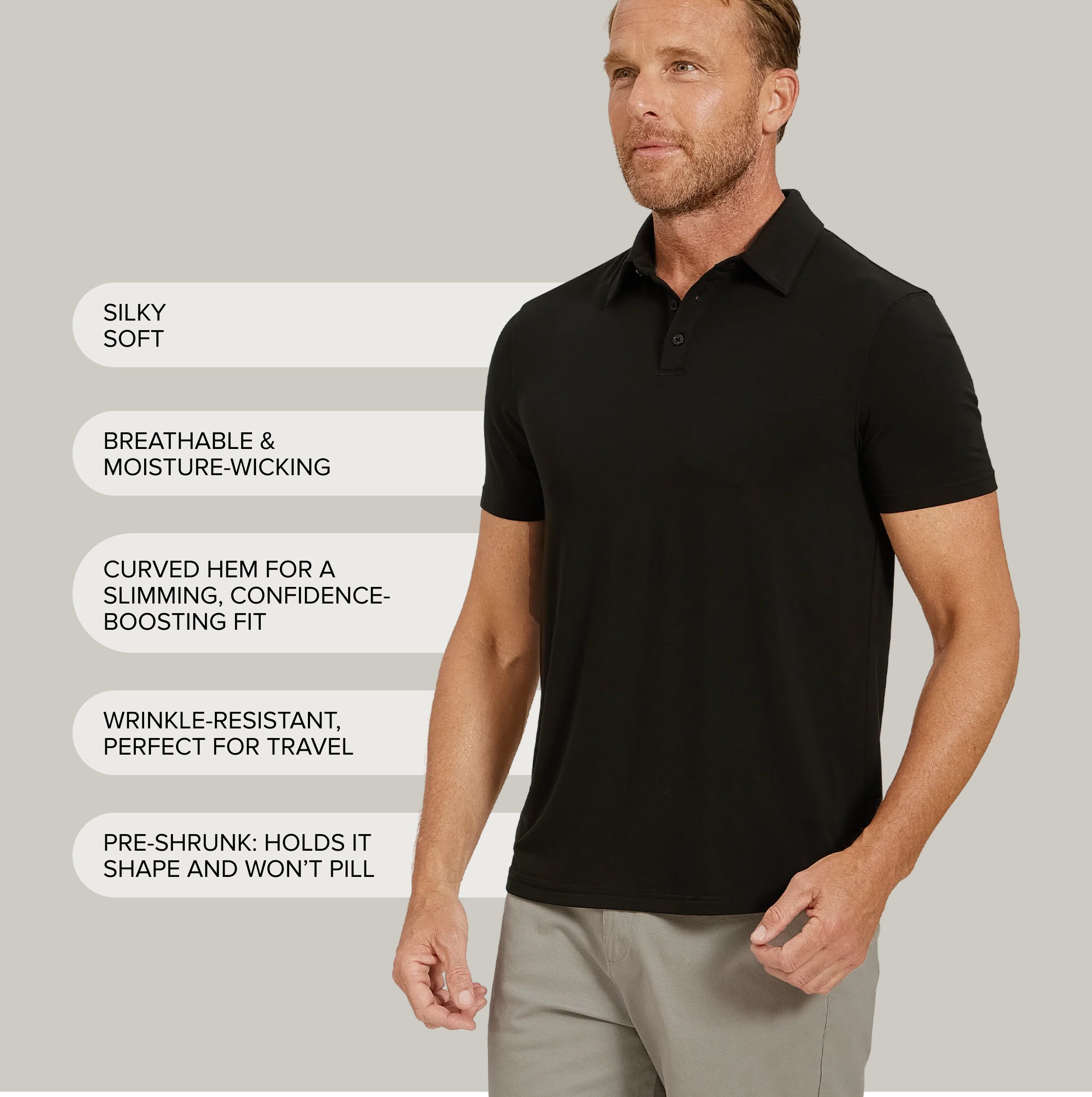Men wearing Black Luxe Performance Polo tees