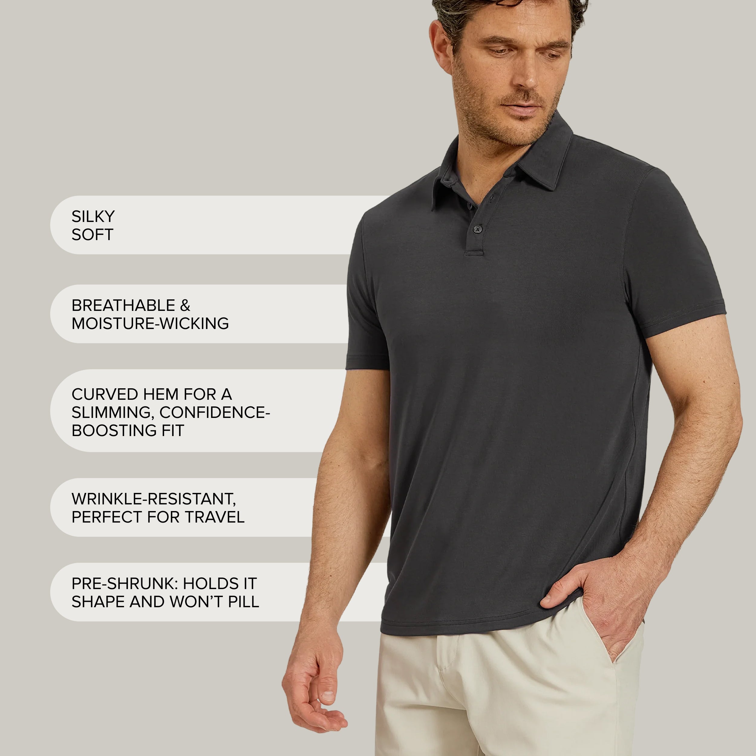 Men wearing Black Luxe Performance Polo tees