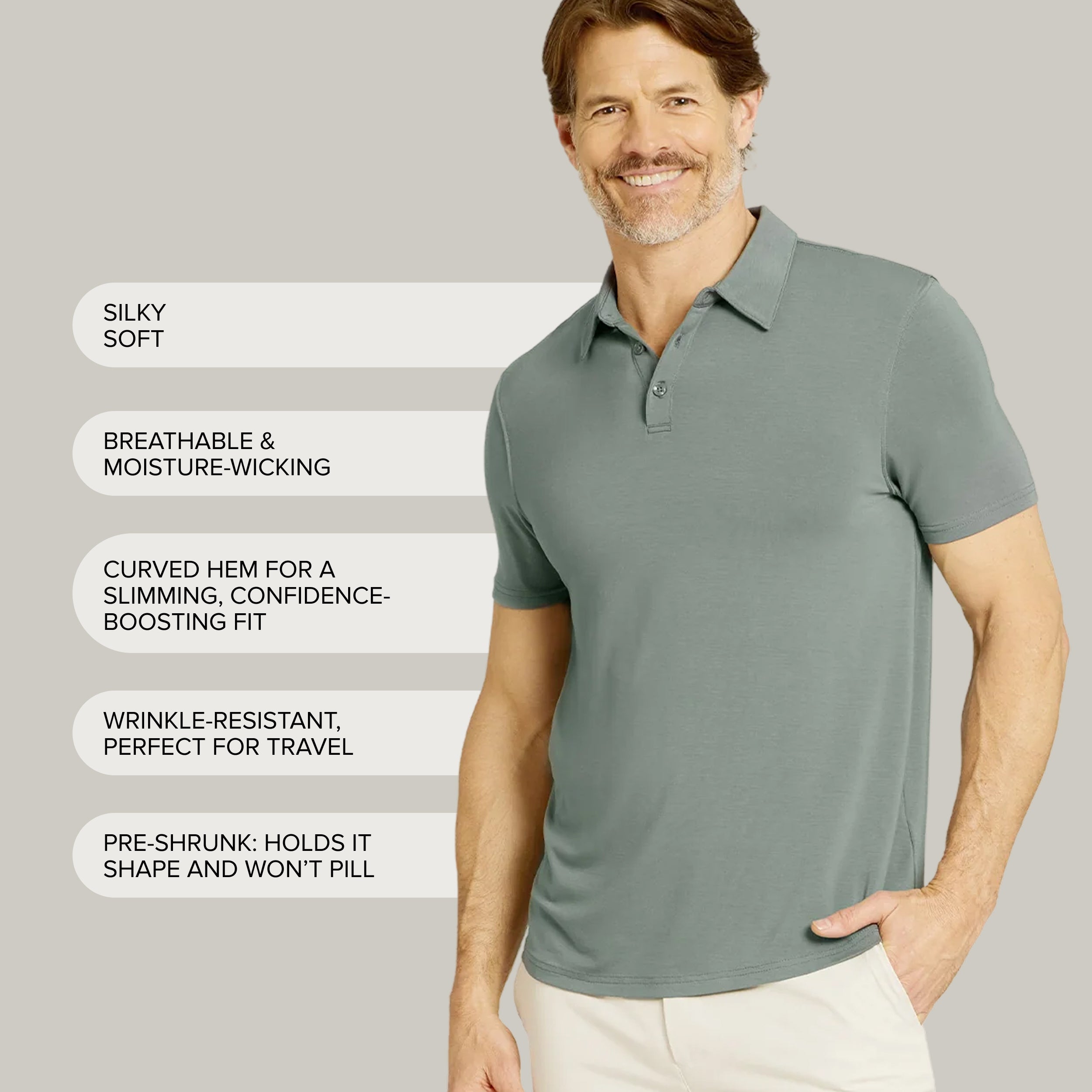 Men wearing Black Luxe Performance Polo tees