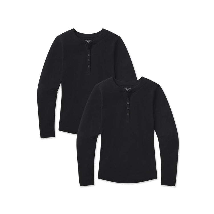 Women wearing Black Long Sleeve Rib Henley Tee 2-Pack