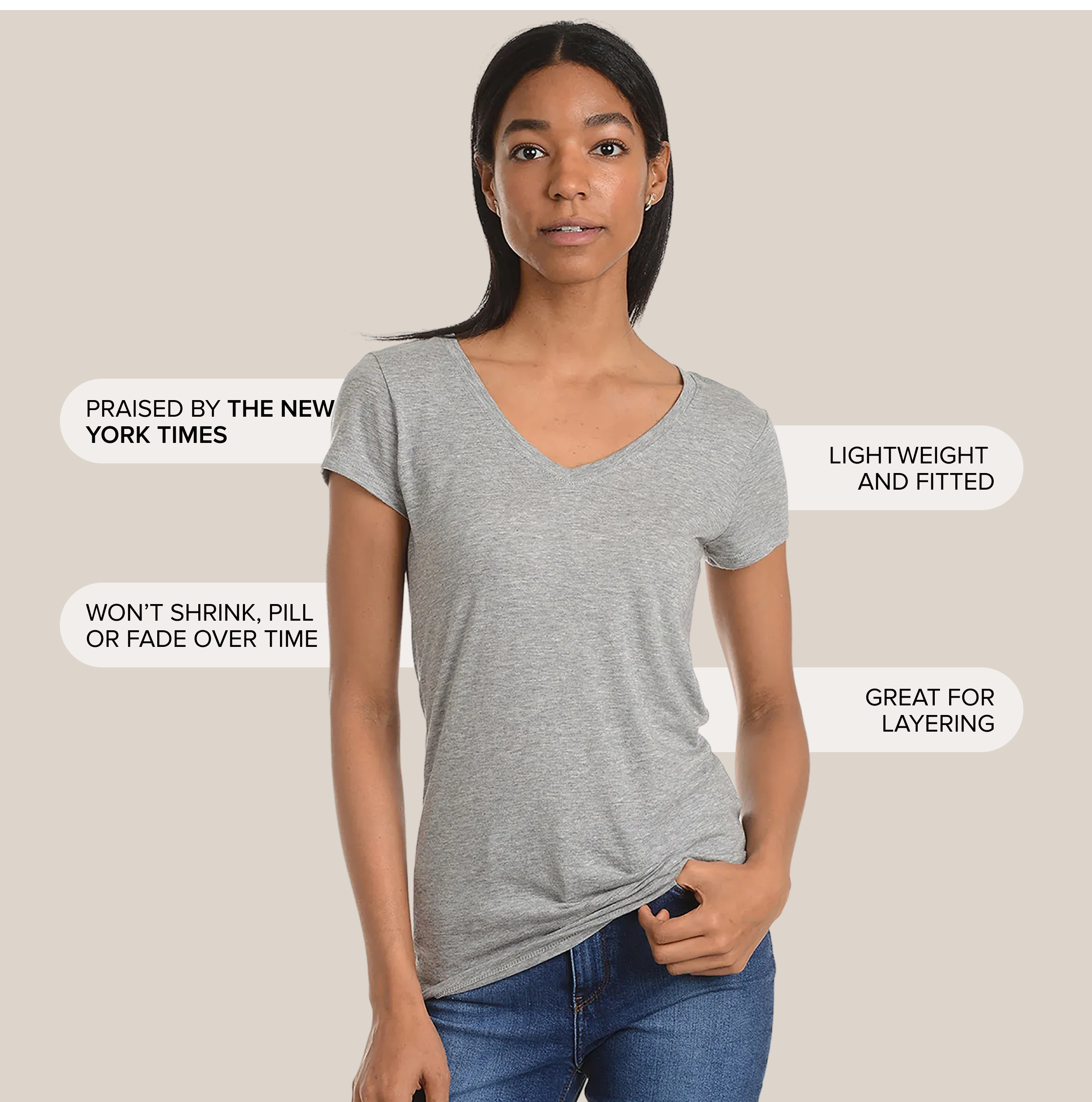 Women wearing Gris jaspeado Fitted V-Neck Marcy Tee