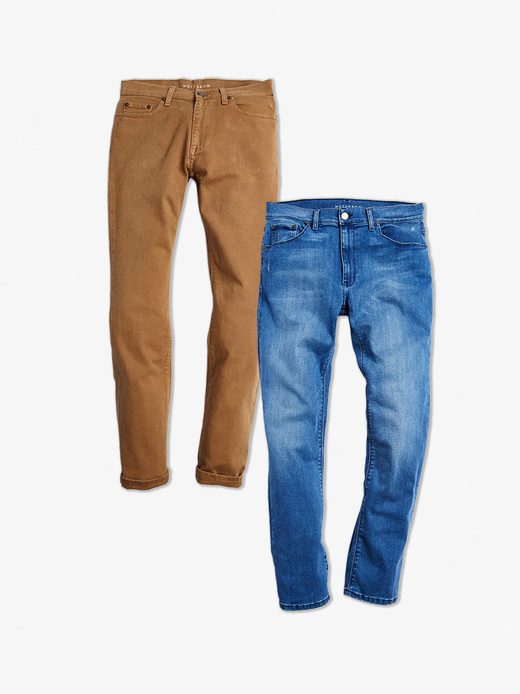  wearing Khaki/Medium Blue Straight Mercer and Straight Staple 2-Pack Jeans