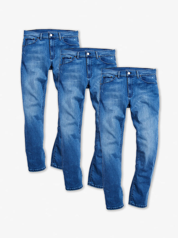  wearing Medium Blue Straight Staple 3-Pack Jeans