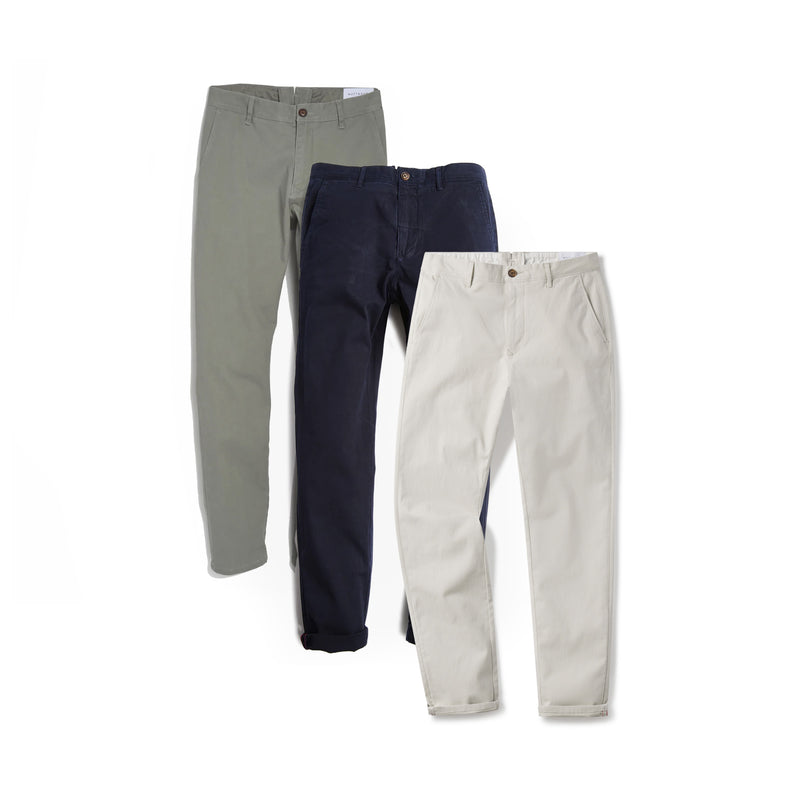 Men wearing Light Gray/Navy/Beige Everyday Comfort Slim Chino Pants 3-Pack pants