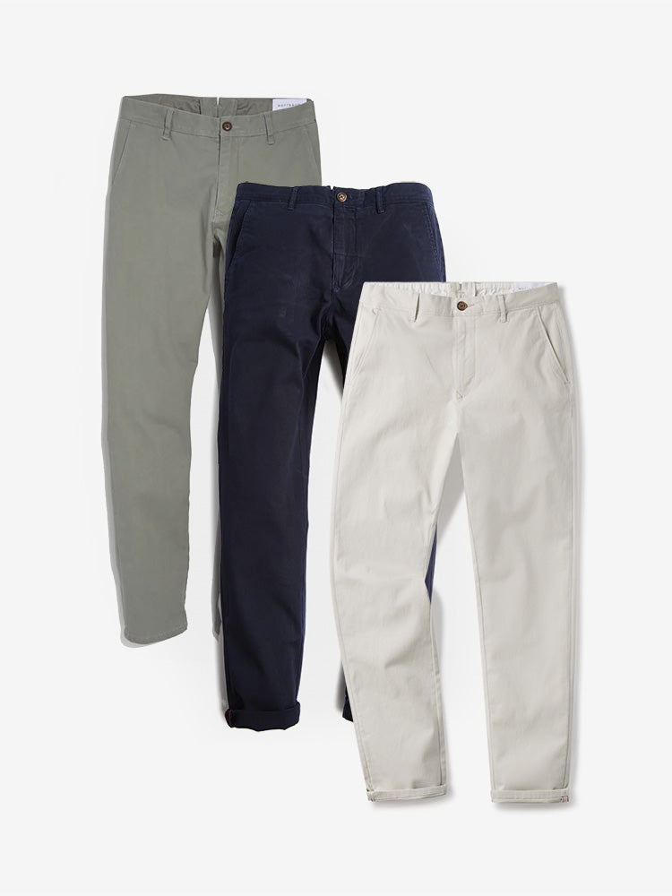 Men wearing Light Gray/Navy/Beige Everyday Comfort Slim Chino Pants 3-Pack