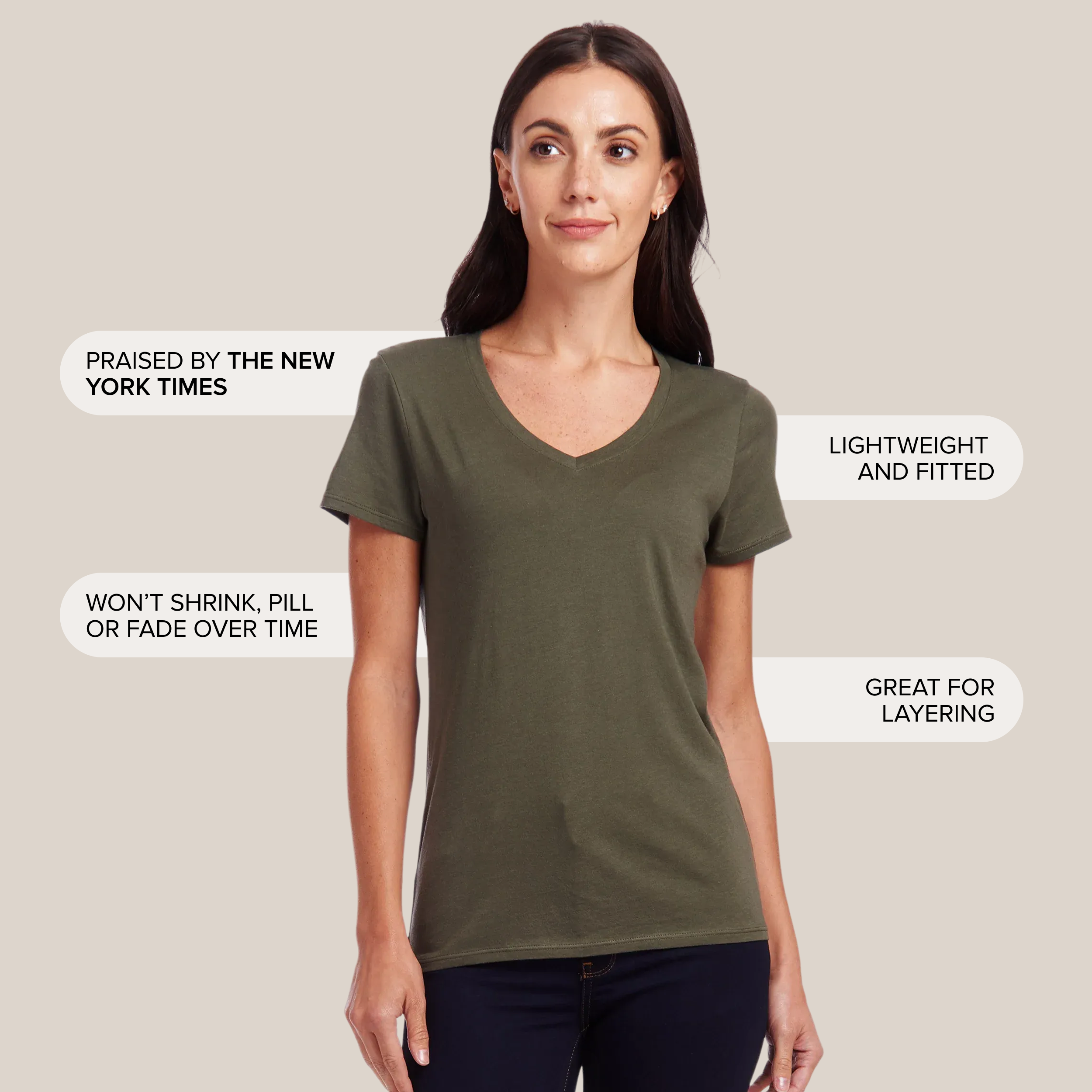 Women wearing Military Green Fitted V-Neck Marcy Tee