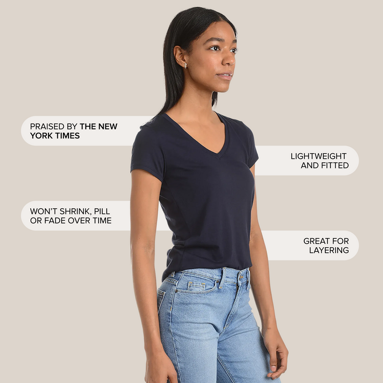 Women wearing Navy Fitted V-Neck Marcy Tee