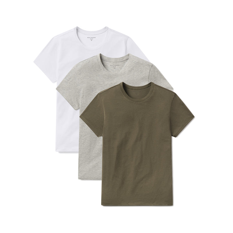 Women wearing Military Green/Heather Gray/White Fitted Crew Marcy 3-Pack tees