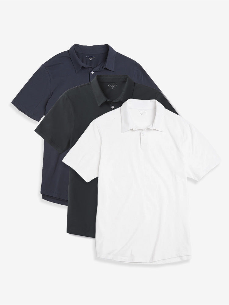 Men wearing White/Pine/Navy Jersey Sueded Polo 3-Pack