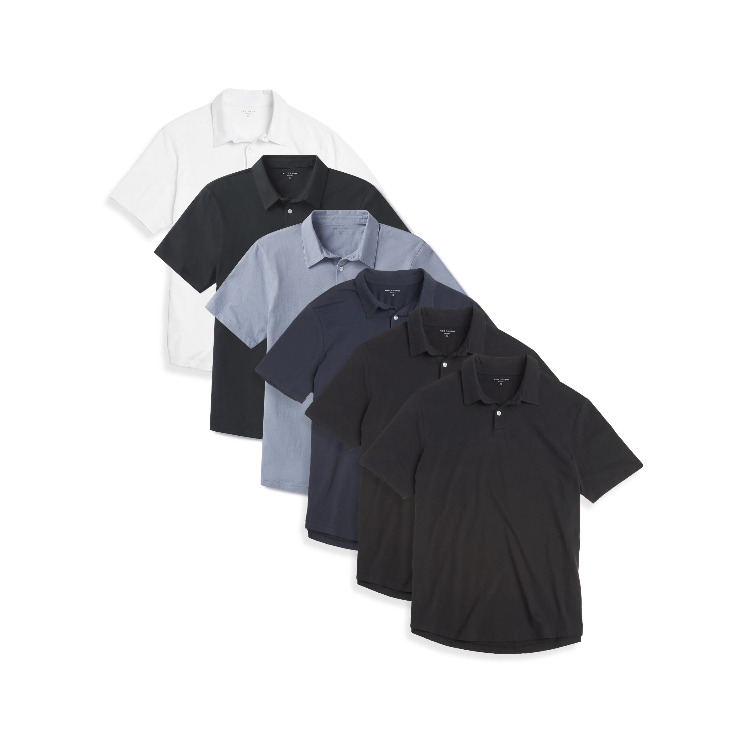 Men wearing Black/Black/California Blue/Navy/Pine/White Jersey Sueded Polo 6-Pack tees