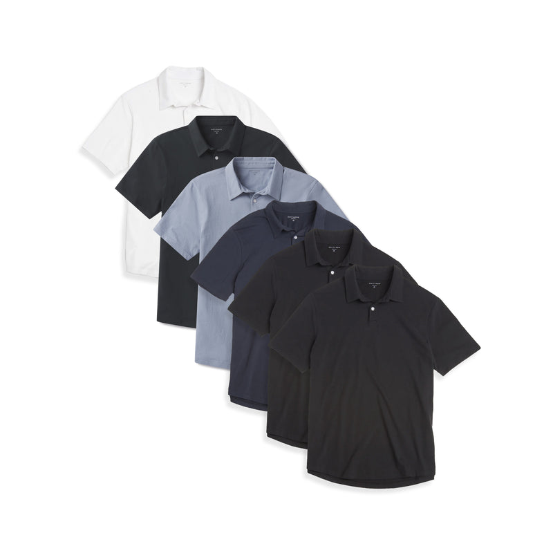 Men wearing Black/Black/California Blue/Navy/Pine/White Jersey Sueded Polo 6-Pack tees