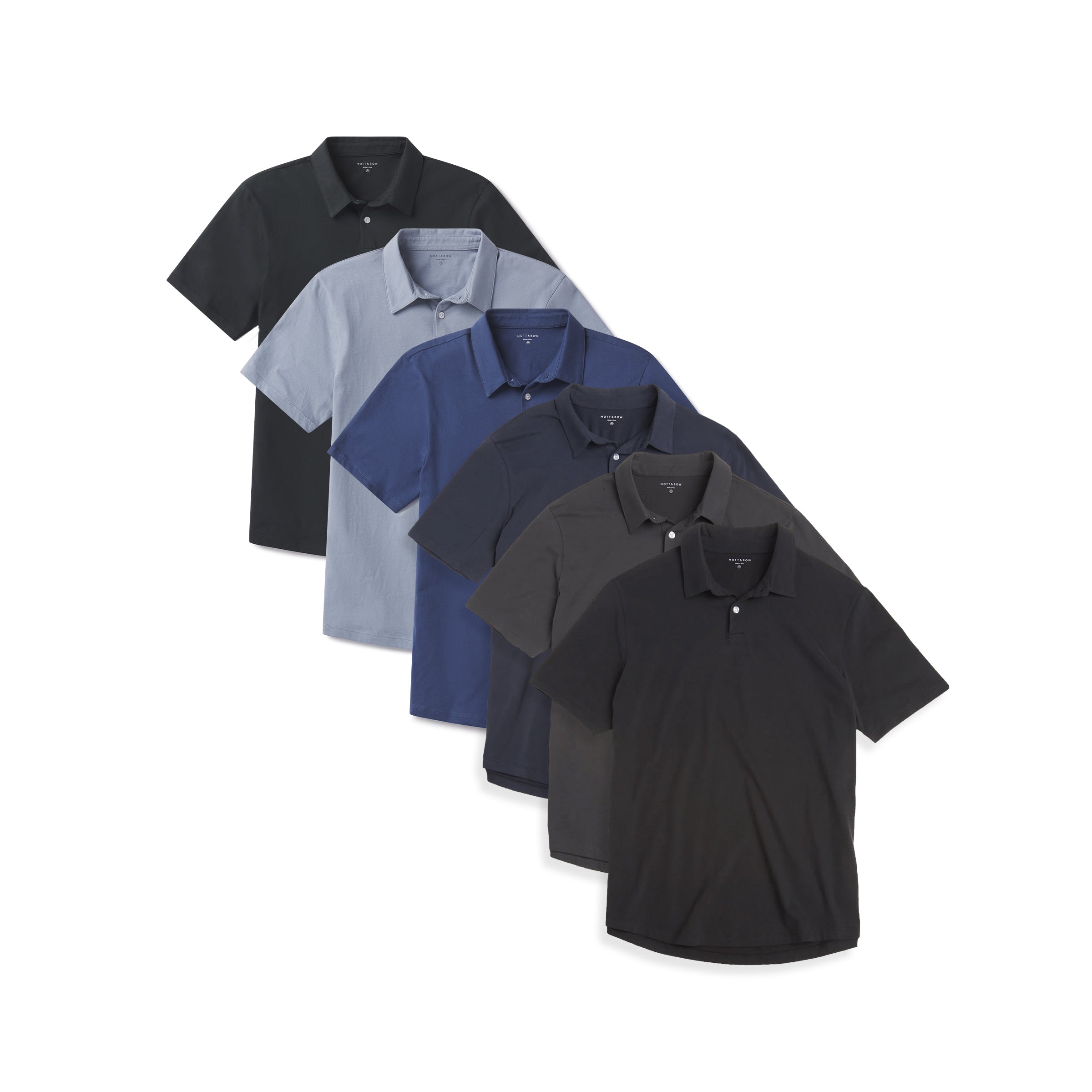 Men wearing Black/Navy/Dark Gray/Pine/California Blue/Baltic Blue Jersey Sueded Polo 6-Pack tees