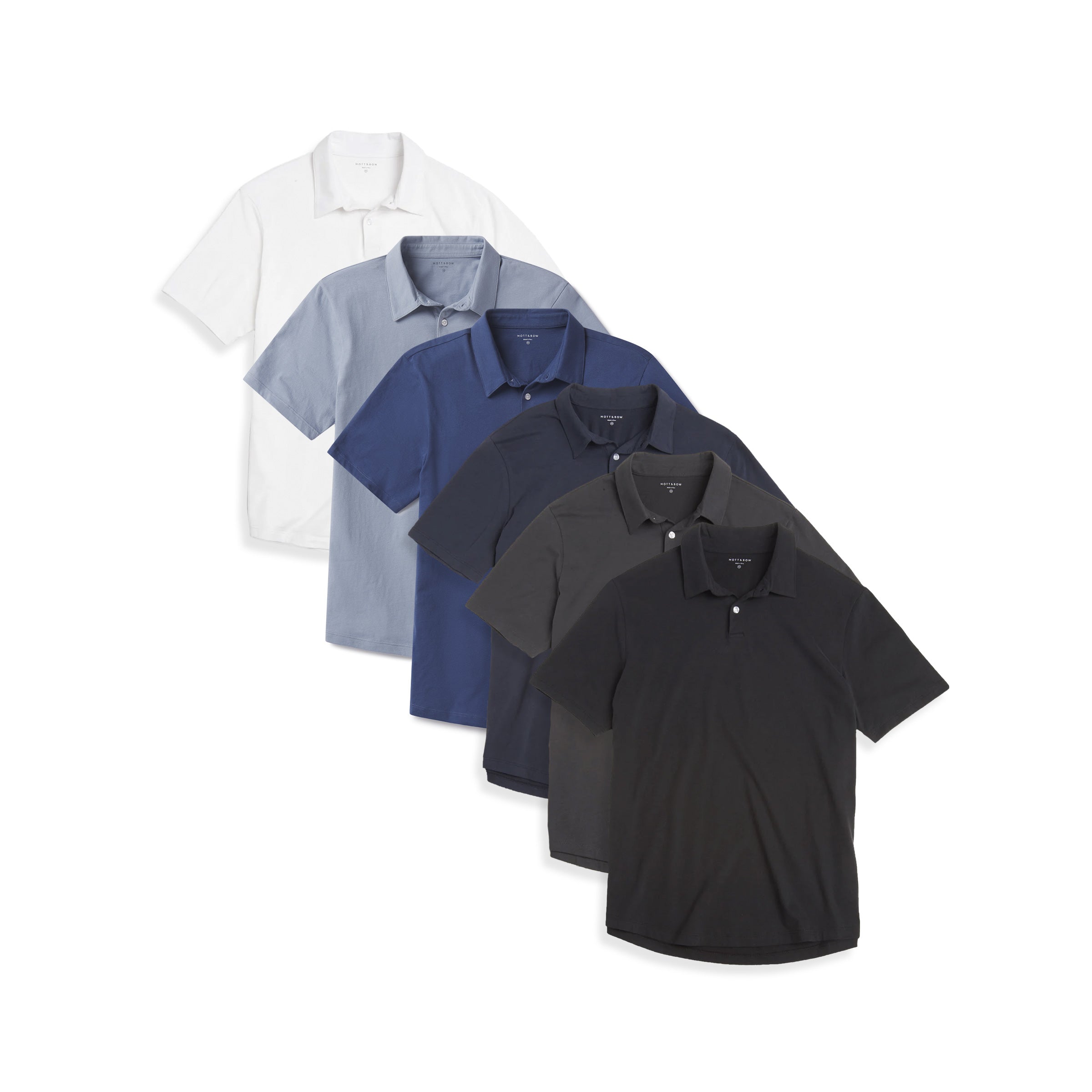 Men wearing White/California Blue/Black/Navy/Dark Gray/Baltic Blue Jersey Sueded Polo 6-Pack tees