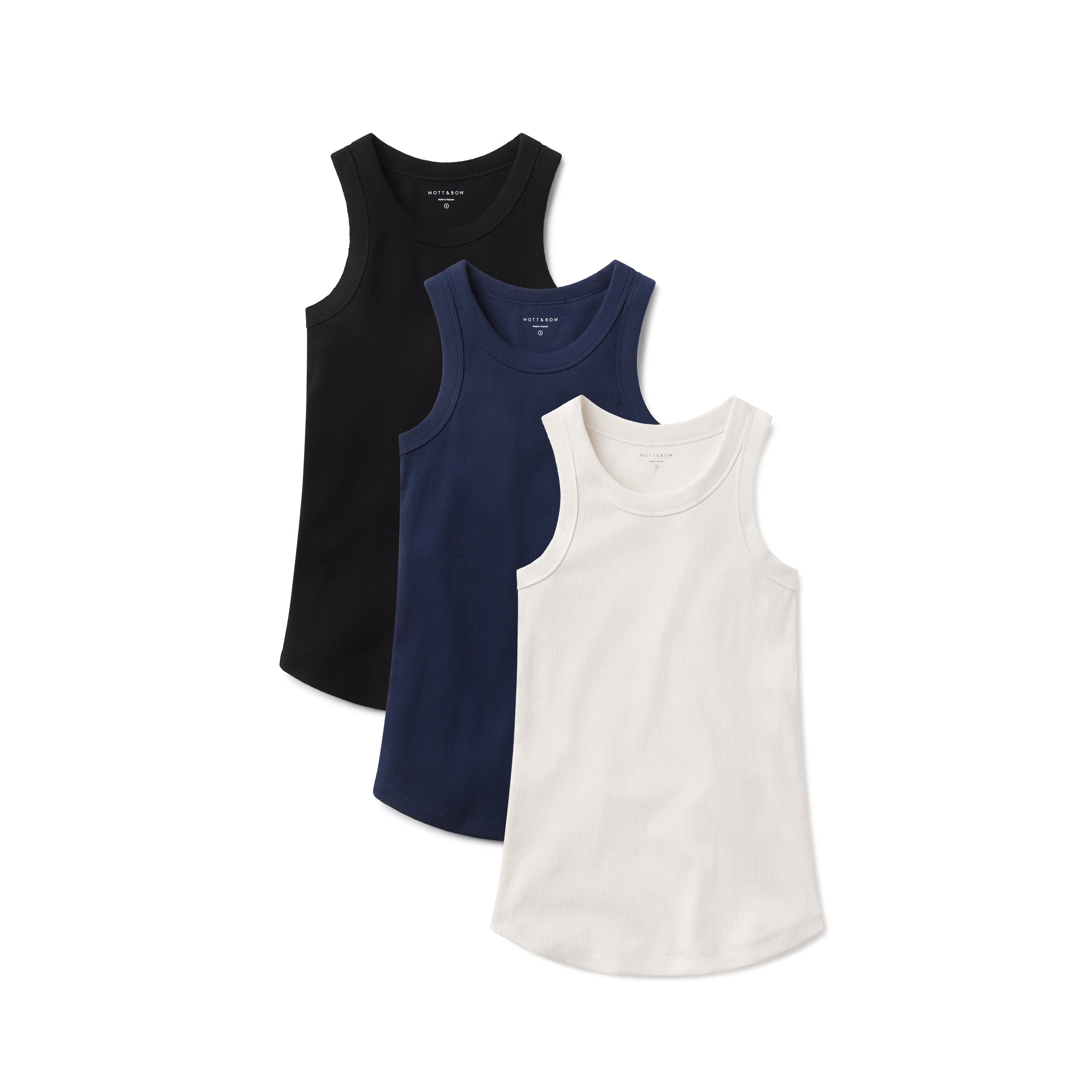 Women wearing White Pearl/Black/Navy Rib Tank Tee 3-Pack tees