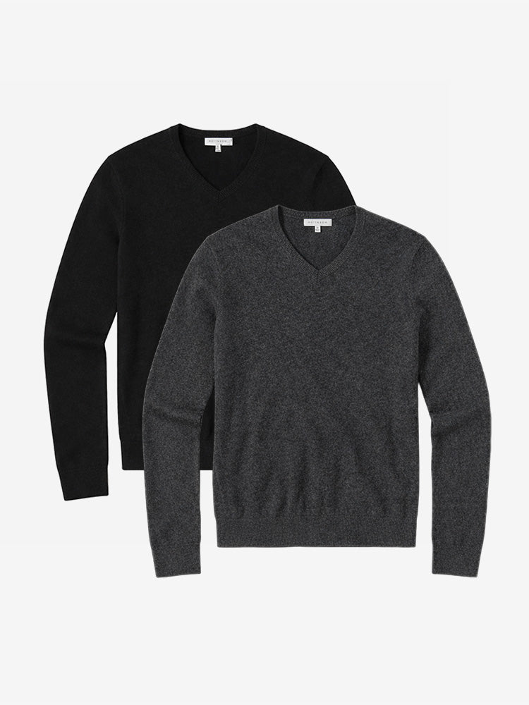 Men wearing Black/Charcoal Heather Classic Cashmere V-Neck Bergen Sweater 2-Pack