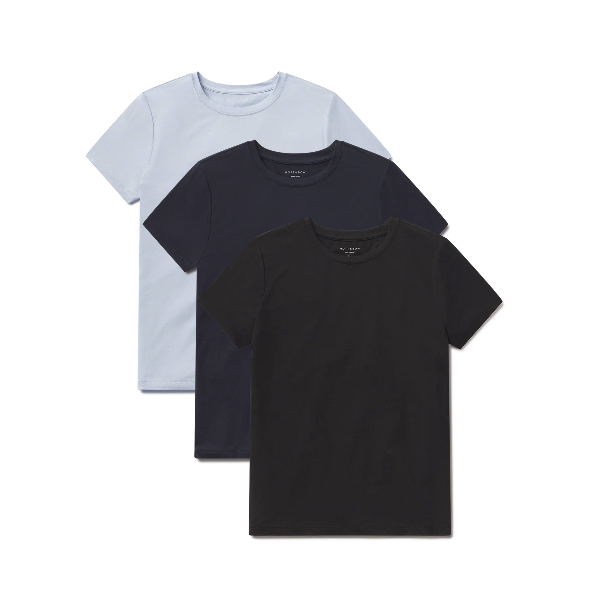 Women wearing Black/Ice Blue/Navy Second Skin Crew Tee 3-Pack tees