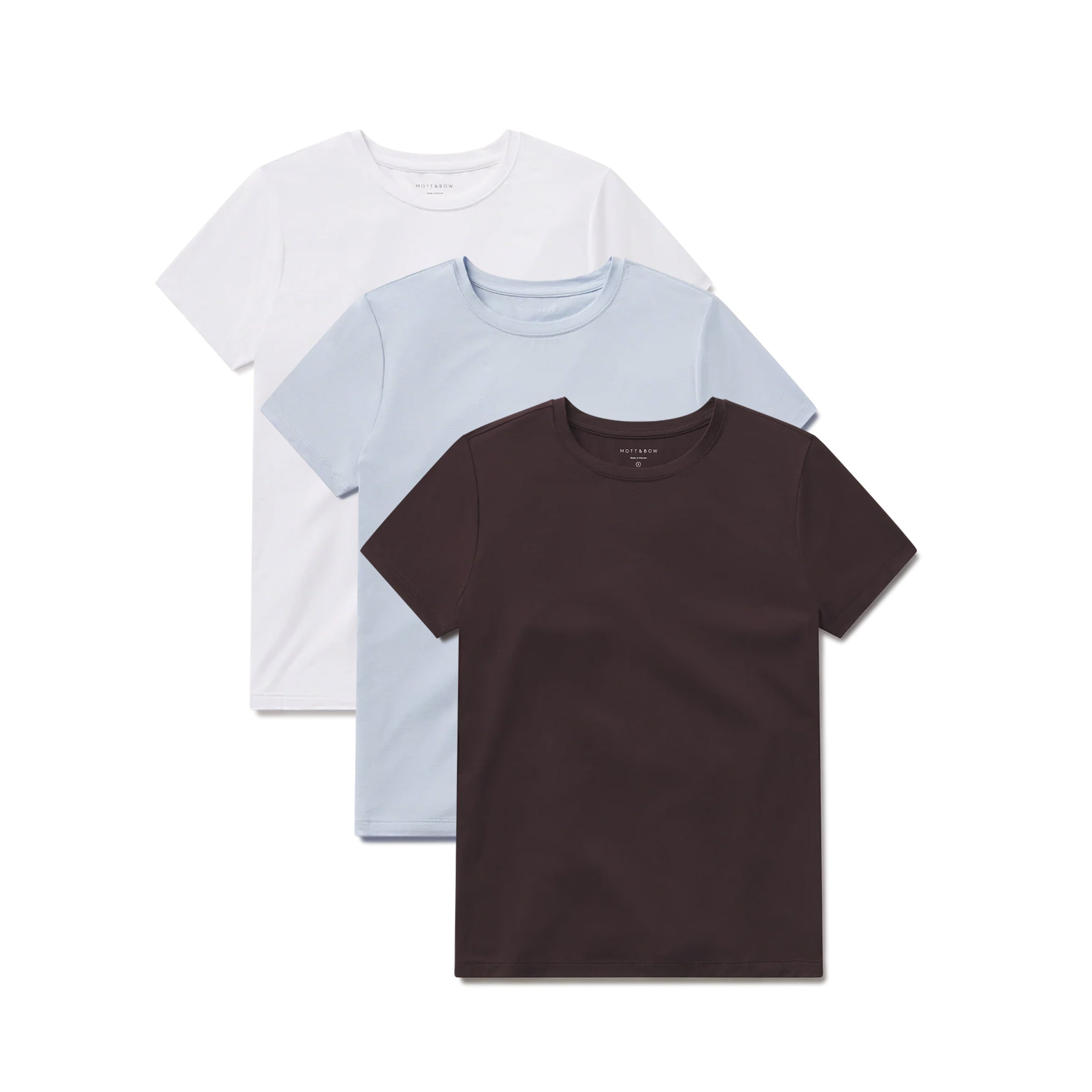 Women wearing Ice Blue/Espresso/White Second Skin Crew Tee 3-Pack tees
