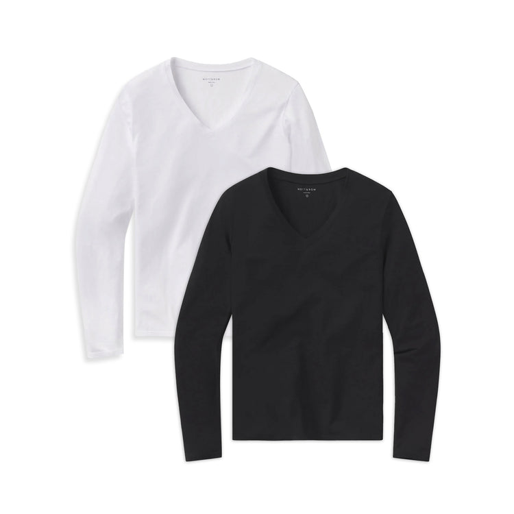 Women wearing Black/White Long Sleeve V-Neck Tee Marcy 2-Pack