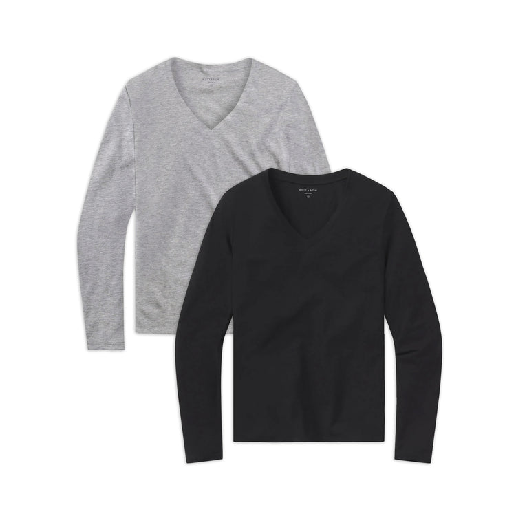 Women wearing Heather Gray/Black Long Sleeve V-Neck Tee Marcy 2-Pack