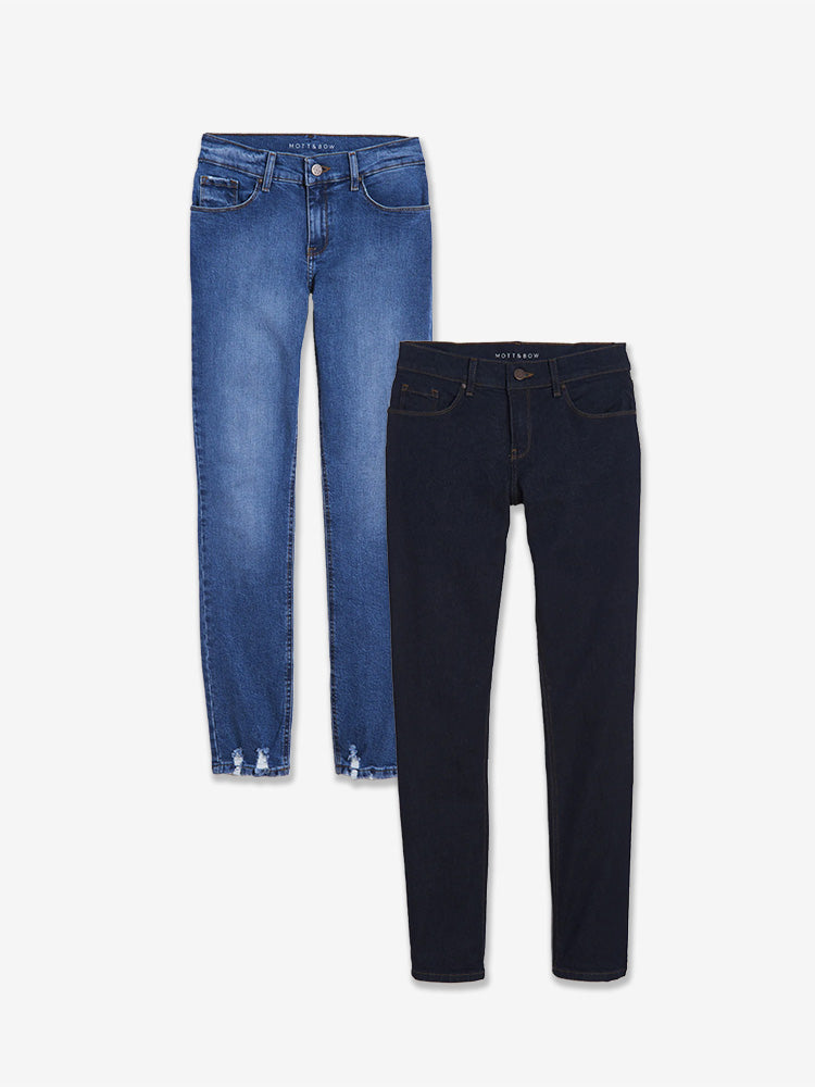 Women wearing Light/Medium Blue / Dark Blue Slim Straight Travel Stretch Jeans 2-Pack