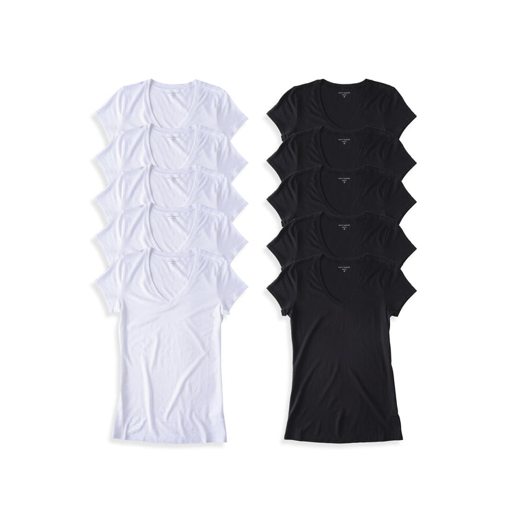 Women wearing White/Black Fitted V-Neck Marcy 10-Pack