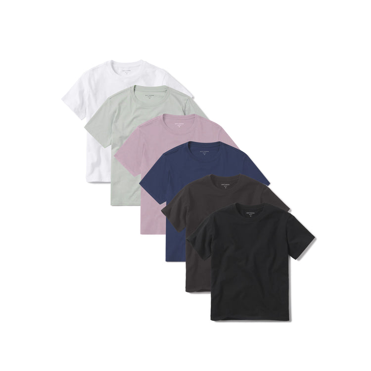 Women wearing White/Honeydew/Rose Pink/Venice Blue/Dark Gray/Black Everyday Cotton Crew Tee 6-Pack