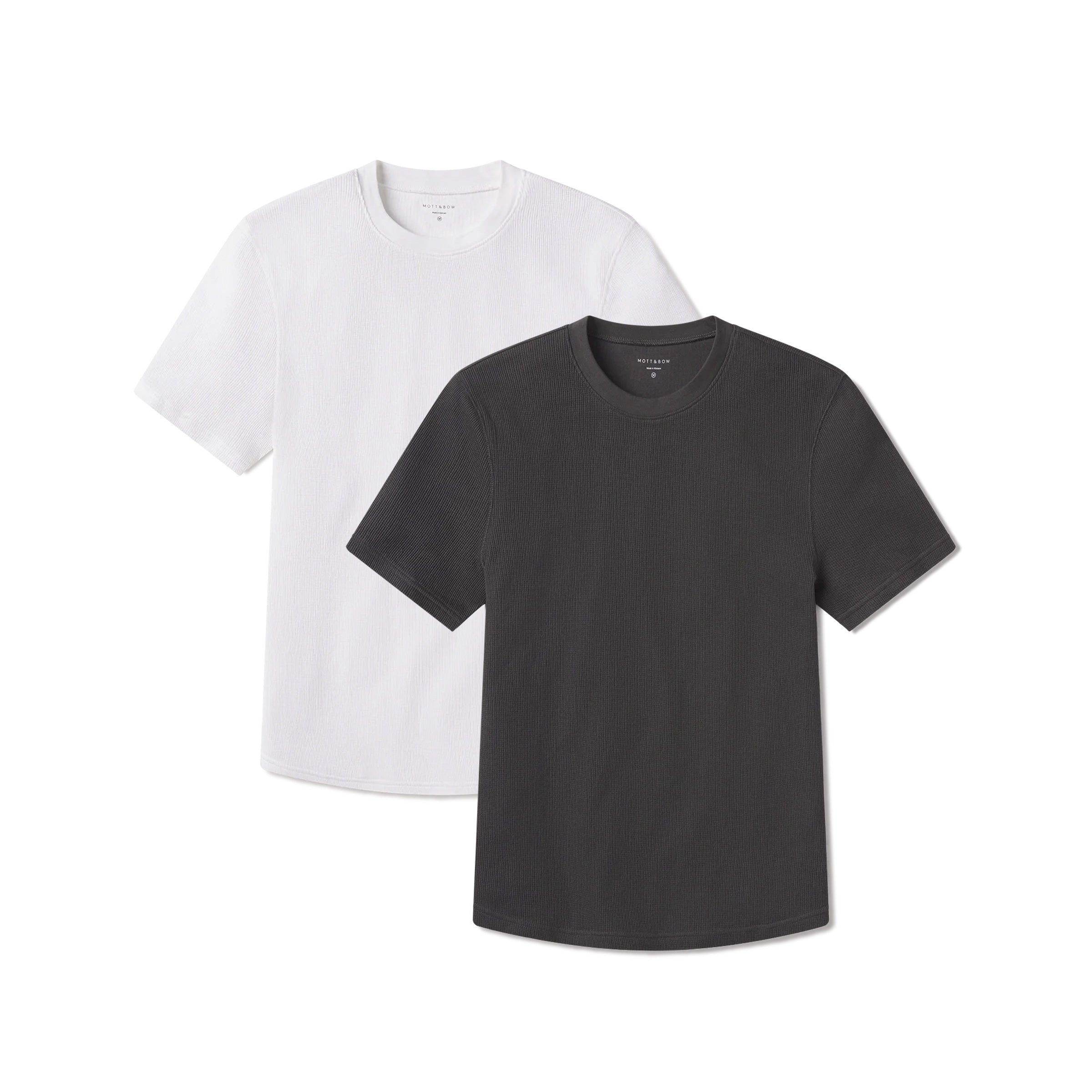 Men wearing Dark Gray/White Cotton Waffle Curved Hem Crew 2-Pack tees