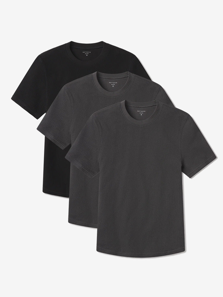 Men wearing Dark Gray/Dark Gray/Black Cotton Waffle Curved Hem Crew 3-Pack