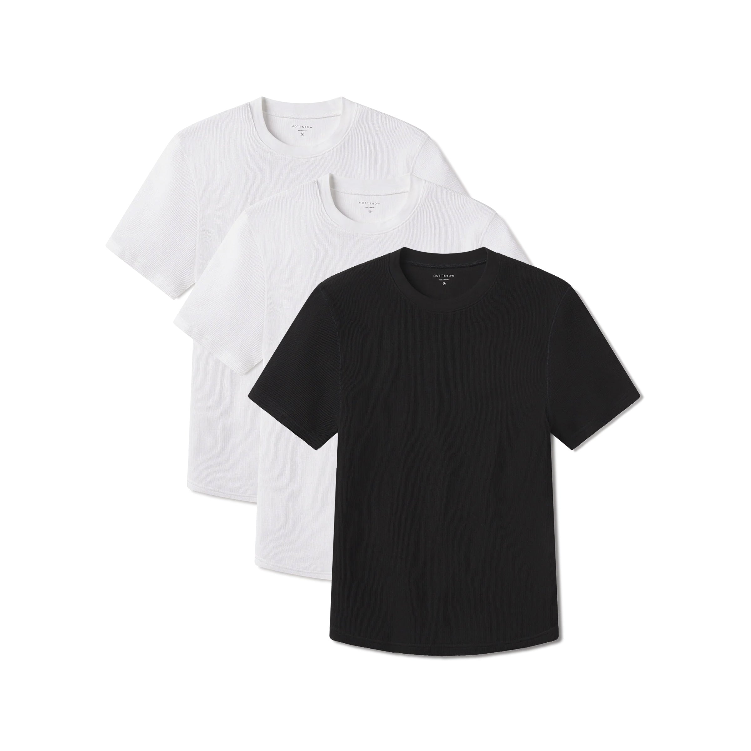 Men wearing White/White/Black Cotton Waffle Curved Hem Crew 3-Pack tees