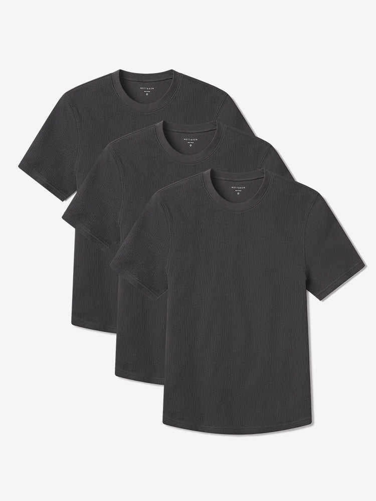Men wearing Dark Gray Cotton Waffle Curved Hem Crew 3-Pack tees