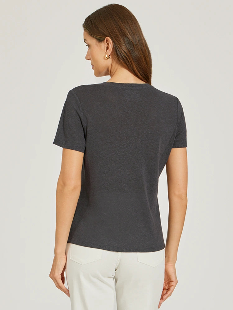 Women wearing Dark Gray Relaxed Linen Blend V-Neck Tee
