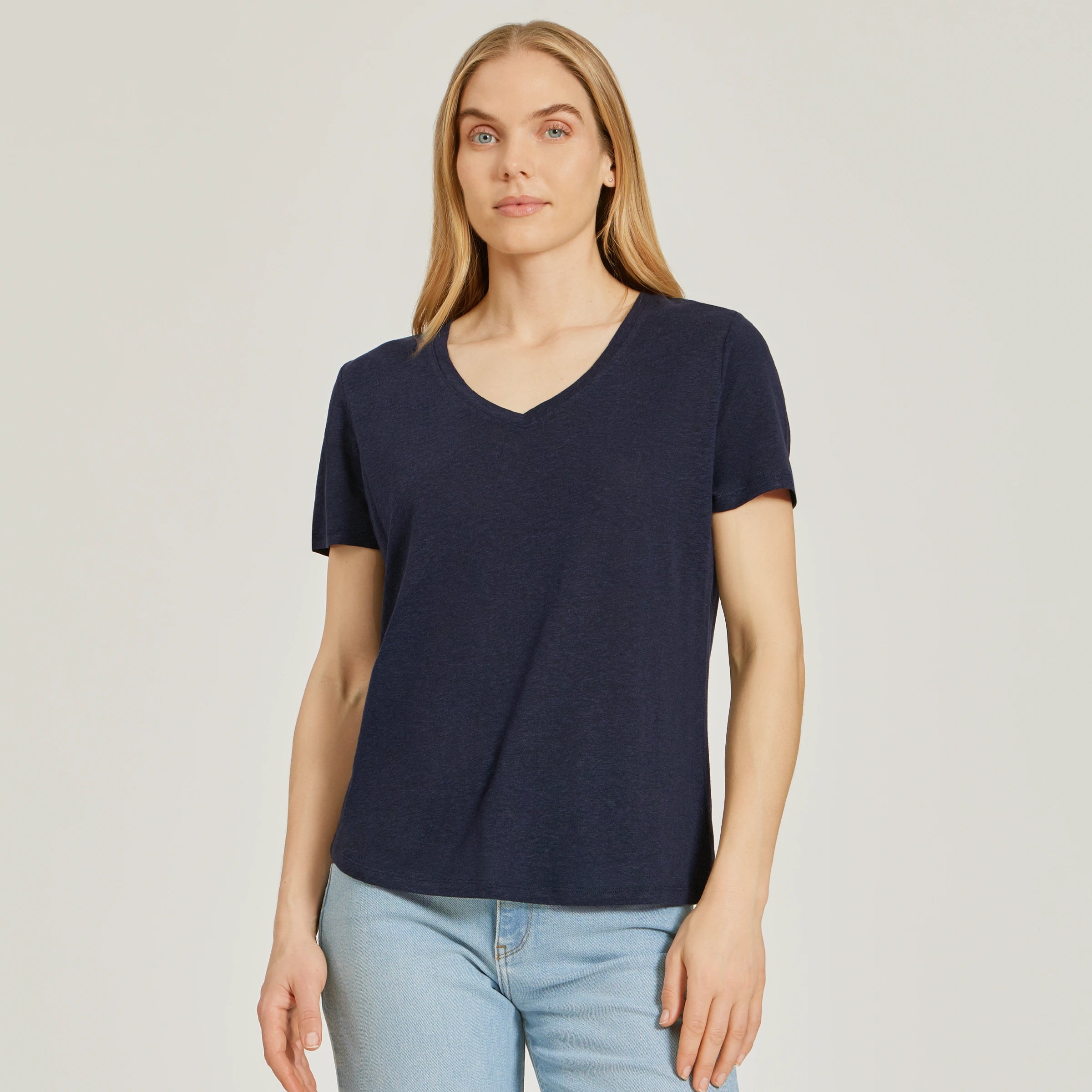 Women wearing Navy Relaxed Linen Blend V-Neck Tee